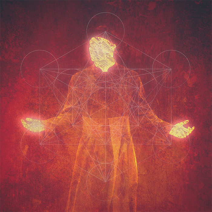 Dark red image of priest with glowing skin like fiery embers